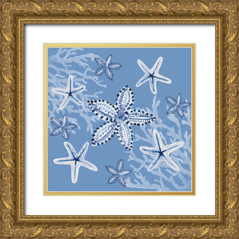 Indigo Dots Starfish Seascape Gold Ornate Wood Framed Art Print with Double Matting by Loreth, Lanie