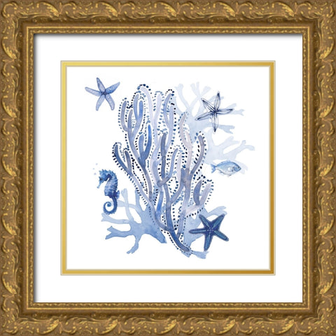 Indigo Coral Reef Gold Ornate Wood Framed Art Print with Double Matting by Loreth, Lanie