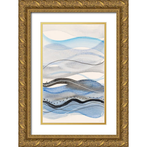 Indigo Vertial Ocean Waves Gold Ornate Wood Framed Art Print with Double Matting by Loreth, Lanie