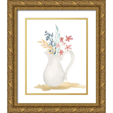 Farmhouse Pitcher With Flowers Gold Ornate Wood Framed Art Print with Double Matting by Price, Lucille