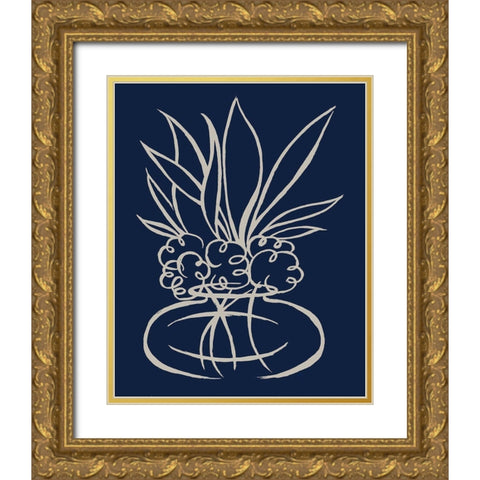 Line Leaves In Vase On Navy II Gold Ornate Wood Framed Art Print with Double Matting by Medley, Elizabeth