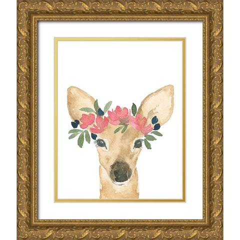 Baby Deer With A Floral Crown Gold Ornate Wood Framed Art Print with Double Matting by Price, Lucille