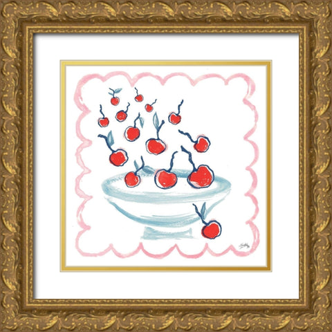 Bowl Full Of Cherries Gold Ornate Wood Framed Art Print with Double Matting by Medley, Elizabeth