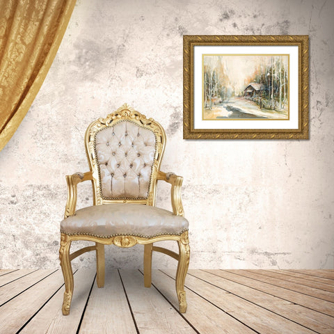 Cabin In Snowy Woods Gold Ornate Wood Framed Art Print with Double Matting by Diannart