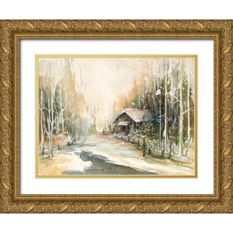 Cabin In Snowy Woods Gold Ornate Wood Framed Art Print with Double Matting by Diannart