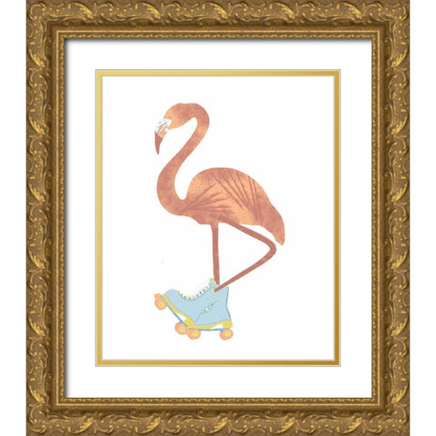 Skating Flamingo Gold Ornate Wood Framed Art Print with Double Matting by Bucheli, Jen