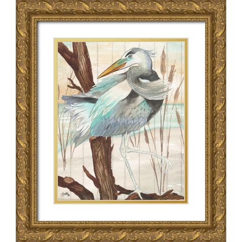 Heron On Branch II Gold Ornate Wood Framed Art Print with Double Matting by Medley, Elizabeth