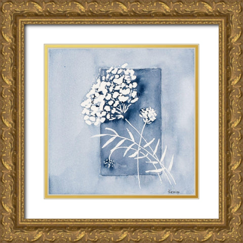 Blue And White Floral Framed Gold Ornate Wood Framed Art Print with Double Matting by Krinlox