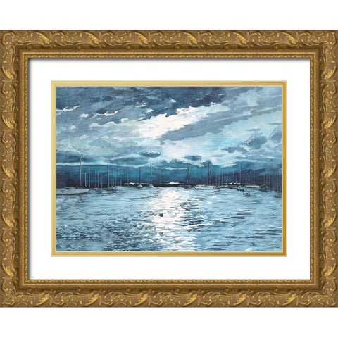Moonlit Marina Gold Ornate Wood Framed Art Print with Double Matting by Nawrocke, Bruce