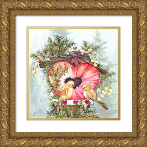 Lovebirds Gold Ornate Wood Framed Art Print with Double Matting by Diannart