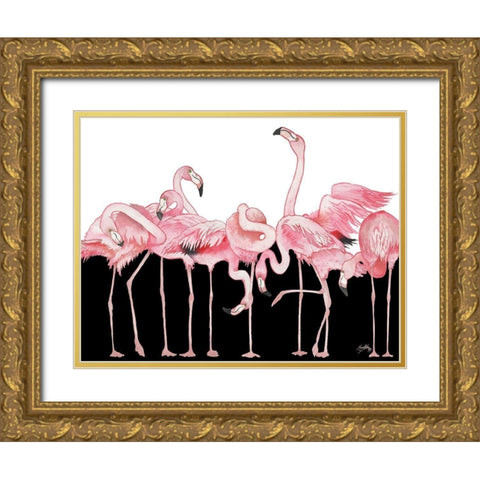Black And White Meets Flamingos Gold Ornate Wood Framed Art Print with Double Matting by Medley, Elizabeth