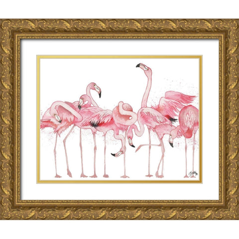 Flamingos Flaunting It Gold Ornate Wood Framed Art Print with Double Matting by Medley, Elizabeth