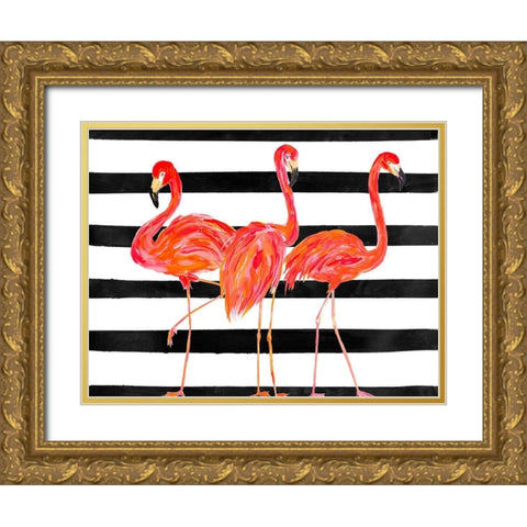 Fondly Flamingo Trio on Stripe Gold Ornate Wood Framed Art Print with Double Matting by DeRice, Julie