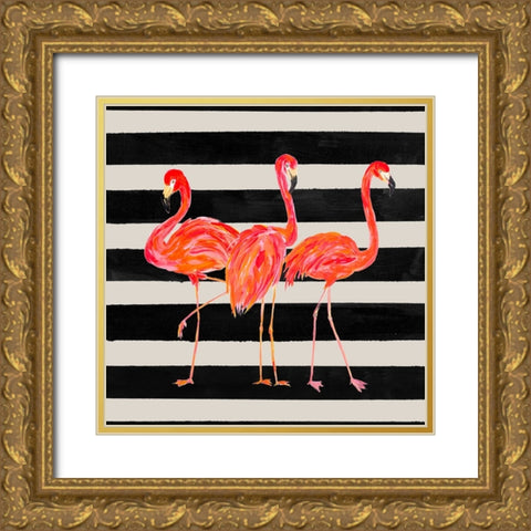 Fondly Flamingo Trio Square on Stripe Gold Ornate Wood Framed Art Print with Double Matting by DeRice, Julie