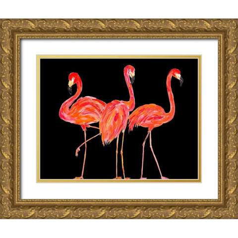 Trio of Flamingos on Black Gold Ornate Wood Framed Art Print with Double Matting by DeRice, Julie