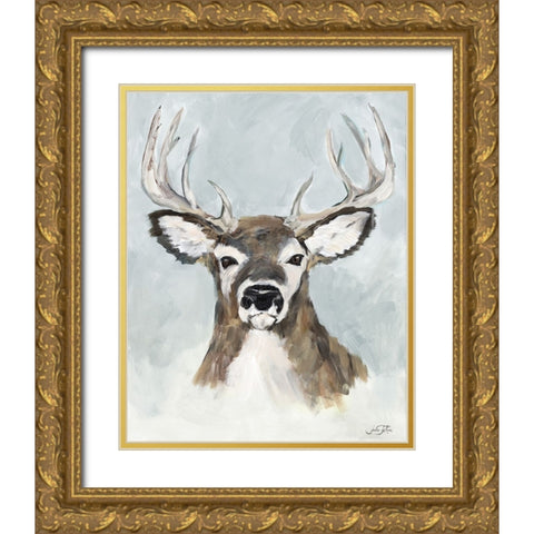 White Tailed Deer On White Gold Ornate Wood Framed Art Print with Double Matting by DeRice, Julie
