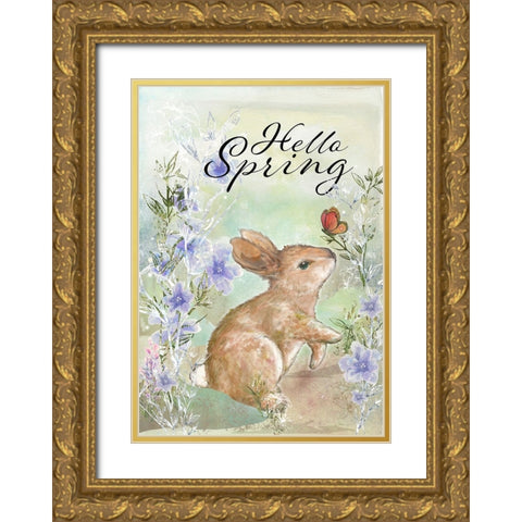 Hello Spring Sweet Bunny Gold Ornate Wood Framed Art Print with Double Matting by Diannart