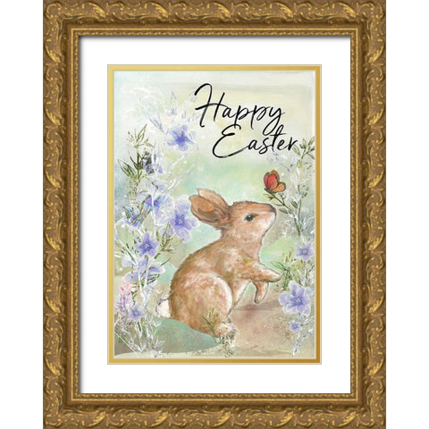 Sweet Bunny and Butterfly Gold Ornate Wood Framed Art Print with Double Matting by Diannart