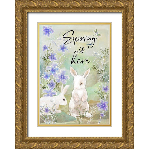 Spring Is Here Sweet Bunny Gold Ornate Wood Framed Art Print with Double Matting by Diannart