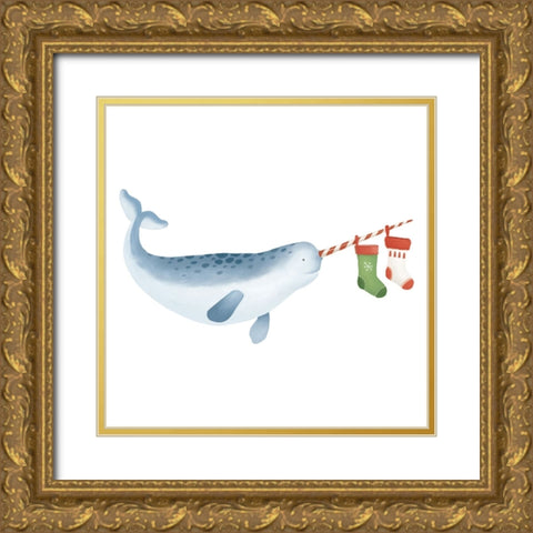 Christmas Whale Narwhal Gold Ornate Wood Framed Art Print with Double Matting by Sheppard, Lucca