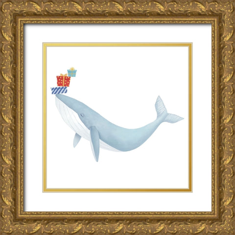 Christmas Whale Blue Gold Ornate Wood Framed Art Print with Double Matting by Sheppard, Lucca