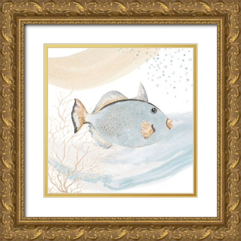 Ocean Oasis Waves Blue Fish Gold Ornate Wood Framed Art Print with Double Matting by Pinto, Patricia