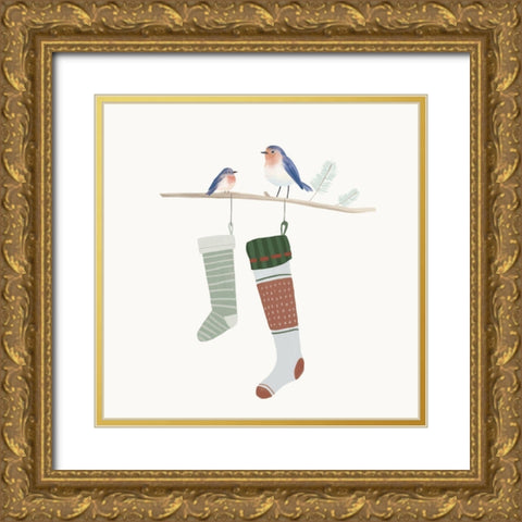 Blue Birds of Christmas Happiness I Gold Ornate Wood Framed Art Print with Double Matting by Sheppard, Lucca