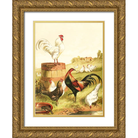 Happy Chickens Gold Ornate Wood Framed Art Print with Double Matting by Piddix