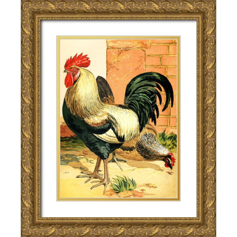 Rooster Gold Ornate Wood Framed Art Print with Double Matting by Piddix