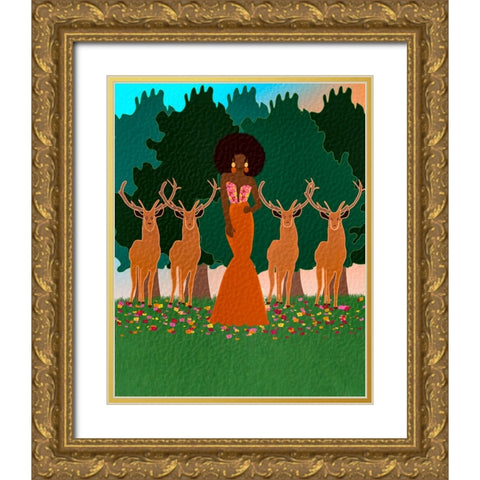 Lena and the Deers Gold Ornate Wood Framed Art Print with Double Matting by Lorintheory