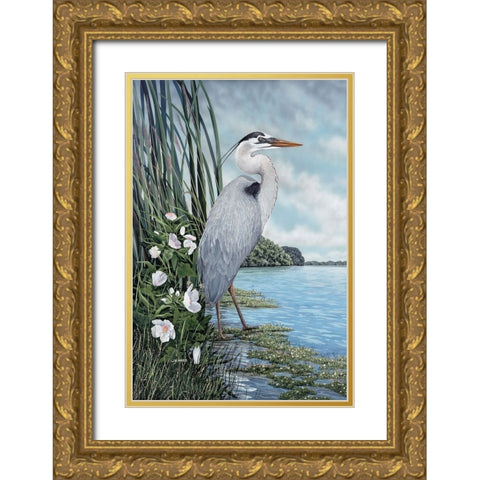 Great Blue Heron Gold Ornate Wood Framed Art Print with Double Matting by Harris, James