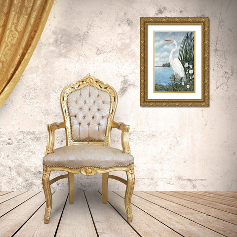 Great White Egret Gold Ornate Wood Framed Art Print with Double Matting by Harris, James