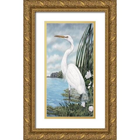 Great White Egret Gold Ornate Wood Framed Art Print with Double Matting by Harris, James