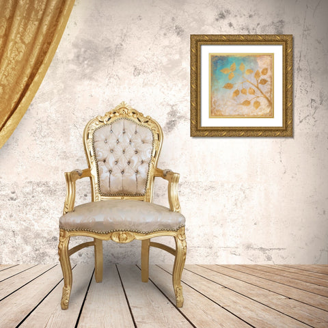 Gold Leaves on Blues II Gold Ornate Wood Framed Art Print with Double Matting by Marcon, Michael