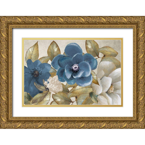 Russio Blue Magnolias Gold Ornate Wood Framed Art Print with Double Matting by Loreth, Lanie