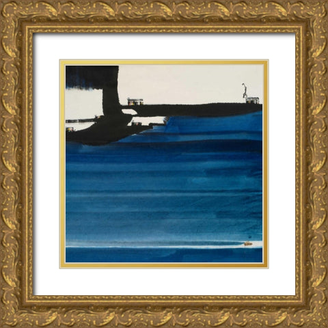 Blue Abstract Gold Ornate Wood Framed Art Print with Double Matting by Urban Pearl Collection, Llc