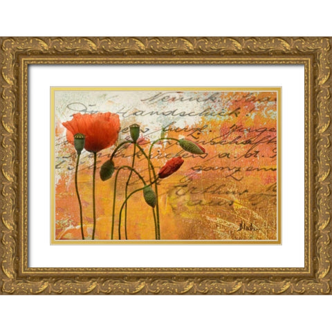 Poppies Composition I Gold Ornate Wood Framed Art Print with Double Matting by Pinto, Patricia