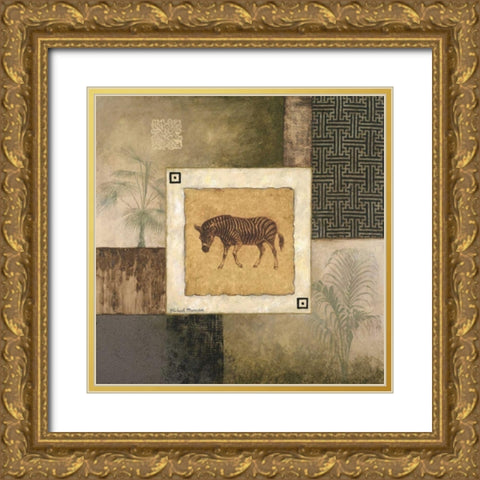 Zebra Woodcut Gold Ornate Wood Framed Art Print with Double Matting by Marcon, Michael
