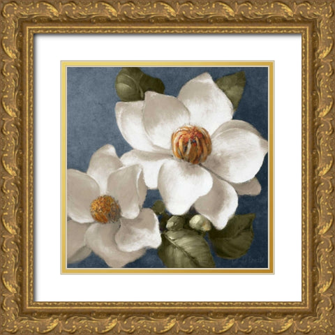 Magnolias on Blue II Gold Ornate Wood Framed Art Print with Double Matting by Loreth, Lanie