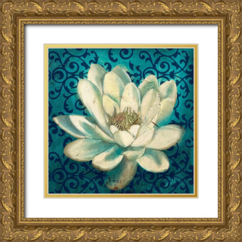 Water Lilly on Teal Gold Ornate Wood Framed Art Print with Double Matting by Pinto, Patricia