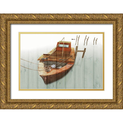 Boat with Textured Wood Look III Gold Ornate Wood Framed Art Print with Double Matting by Mabat, Ynon