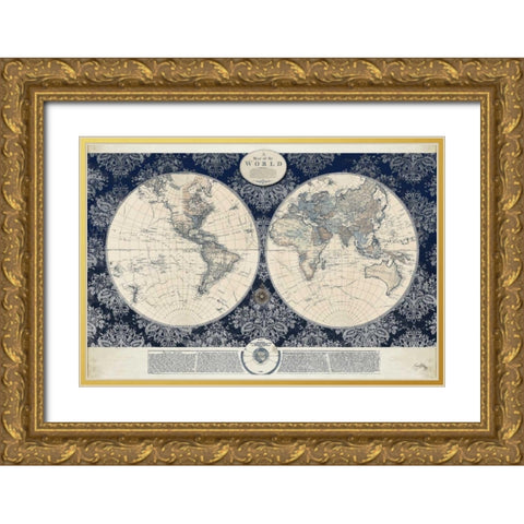 Blue Map of the World Gold Ornate Wood Framed Art Print with Double Matting by Medley, Elizabeth