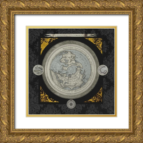 Gold Damask Map I Gold Ornate Wood Framed Art Print with Double Matting by Medley, Elizabeth