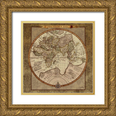 Damask World Map II Gold Ornate Wood Framed Art Print with Double Matting by Medley, Elizabeth