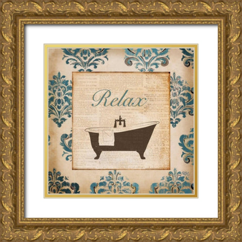 Vintage Blue Damask II Gold Ornate Wood Framed Art Print with Double Matting by Hakimipour, Tiffany