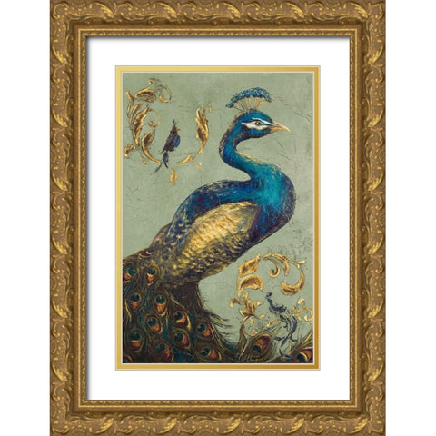 Peacock on Sage I Gold Ornate Wood Framed Art Print with Double Matting by Hakimipour, Tiffany