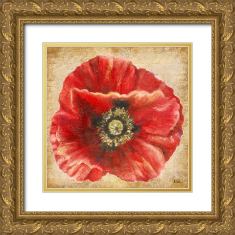 Red Poppy on Gold Gold Ornate Wood Framed Art Print with Double Matting by Pinto, Patricia