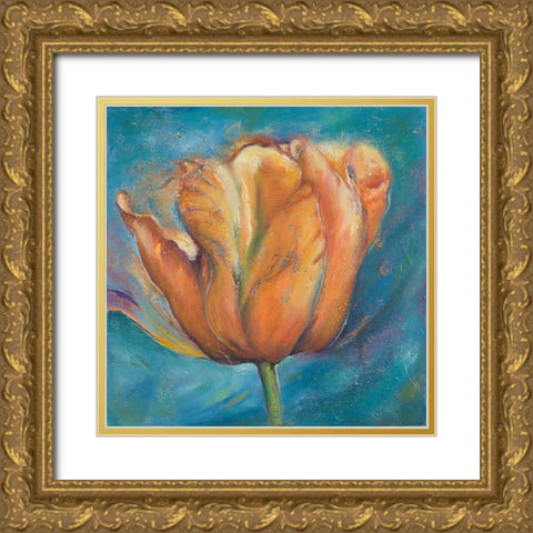 Orange Tulip on Blue Gold Ornate Wood Framed Art Print with Double Matting by Pinto, Patricia
