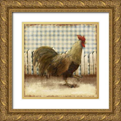 Rooster on Damask I Gold Ornate Wood Framed Art Print with Double Matting by Meneely, Dan