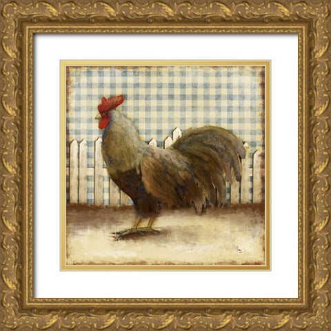 Rooster on Damask II Gold Ornate Wood Framed Art Print with Double Matting by Meneely, Dan